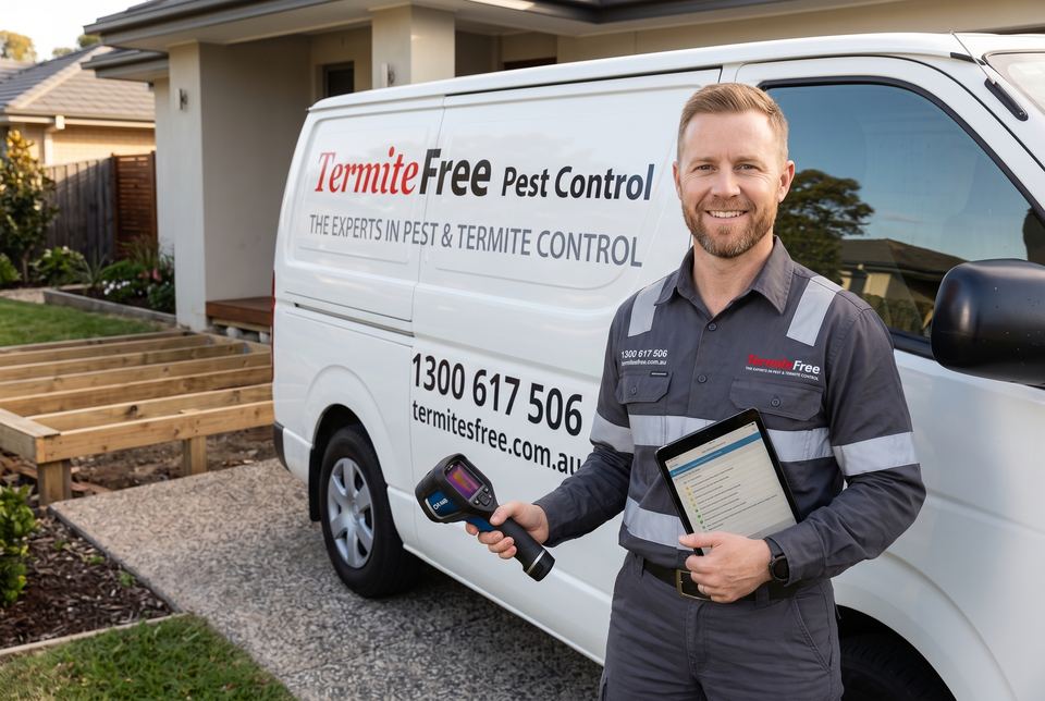 Pest control technician standing beside a TermiteFree van