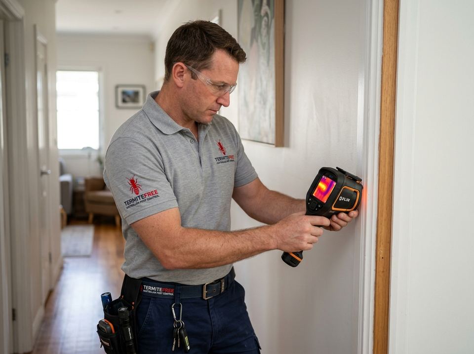 Technician checking a wall with a thermal camera